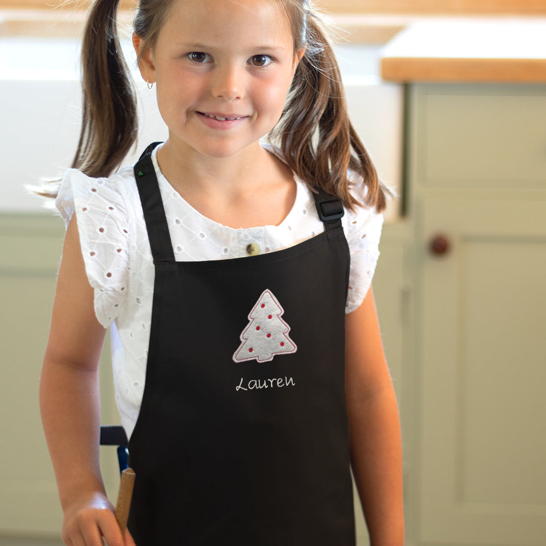 Personalised Embroidered Christmas Tree Child Apron 7-10 Years in Black