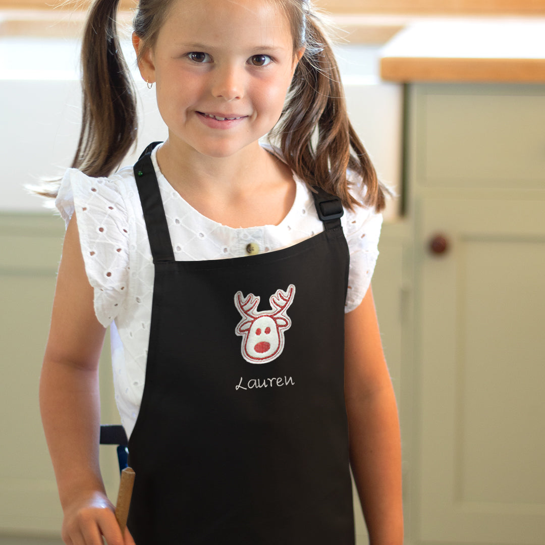 Personalised Embroidered Christmas Reindeer Child Apron 7-10 Years in Black