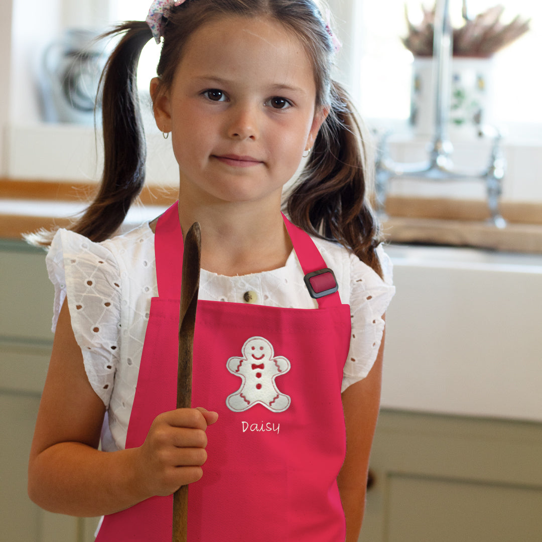 Personalised Embroidered Christmas Gingerbread Man, 7-10 Years Child Apron in Pink