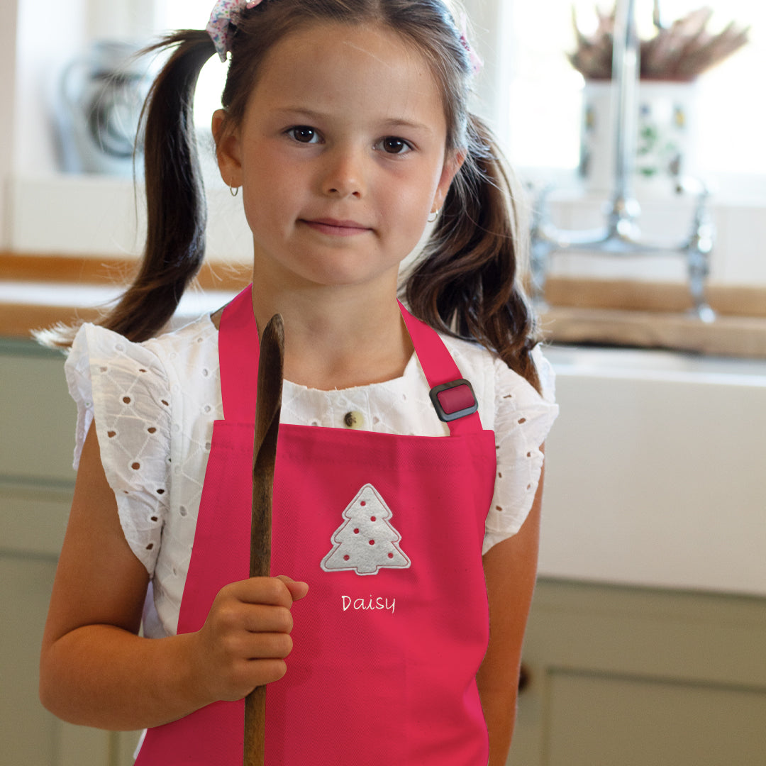 Personalised Embroidered Christmas Tree Child Apron 7-10 Years in Pink