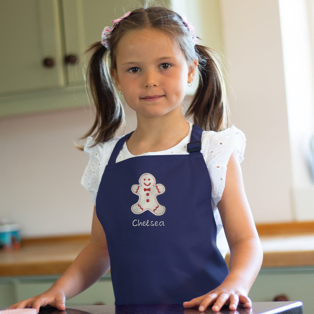 Personalised Embroidered Christmas Gingerbread Man, 7-10 Years Child Apron in Navy