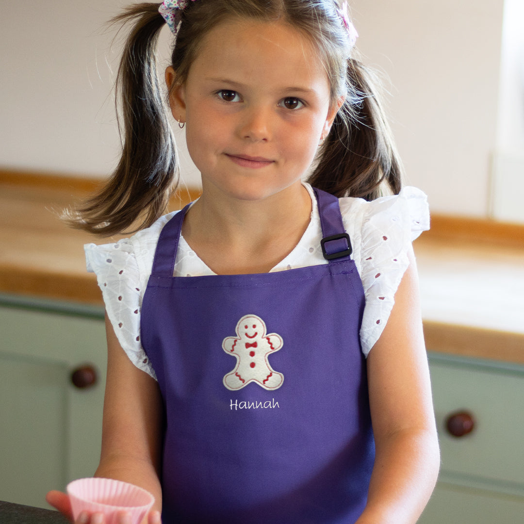 Personalised Embroidered Christmas Gingerbread Man, 7-10 Years Child Apron in Purple