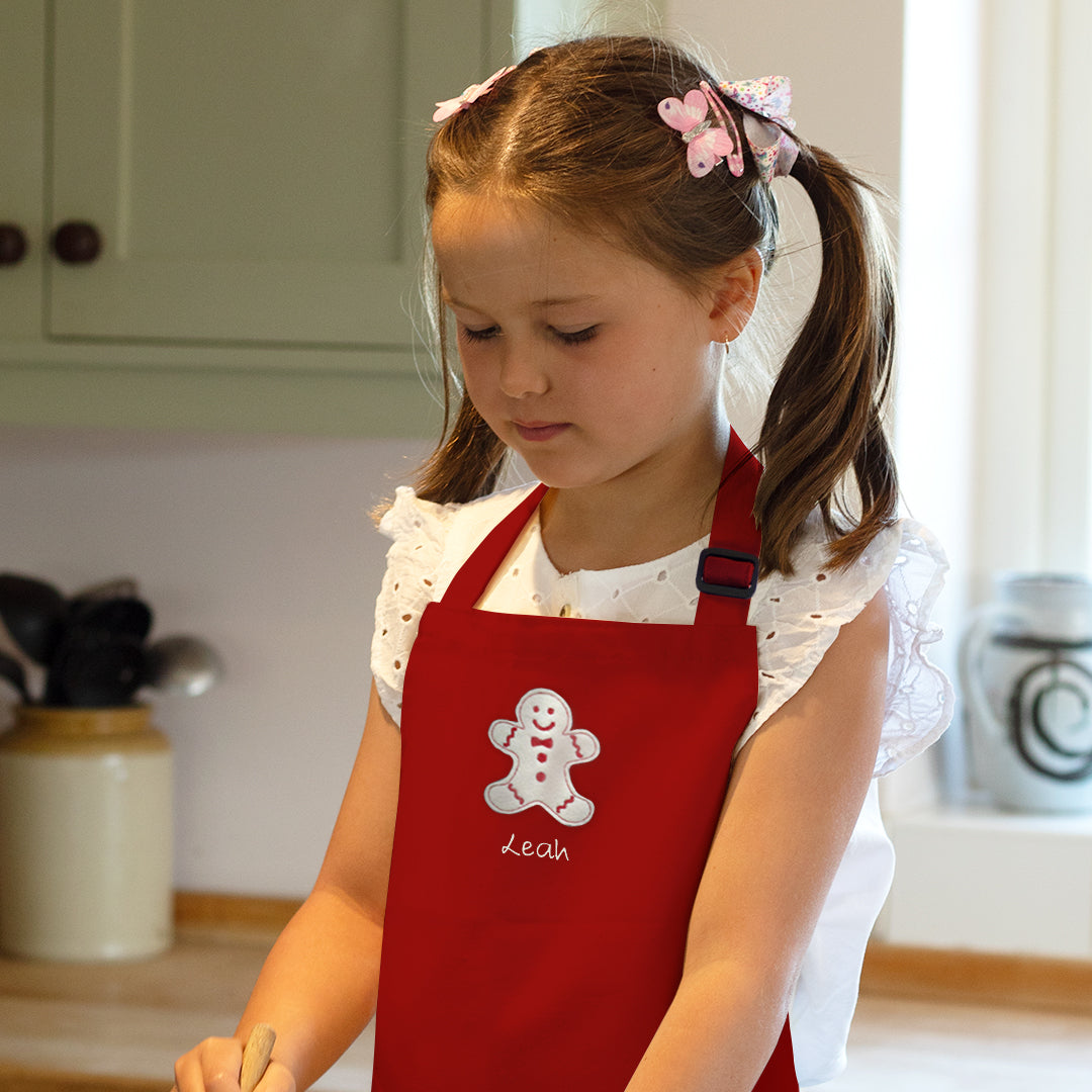 Personalised Embroidered Christmas Gingerbread Man, 7-10 Years Child Apron in Red