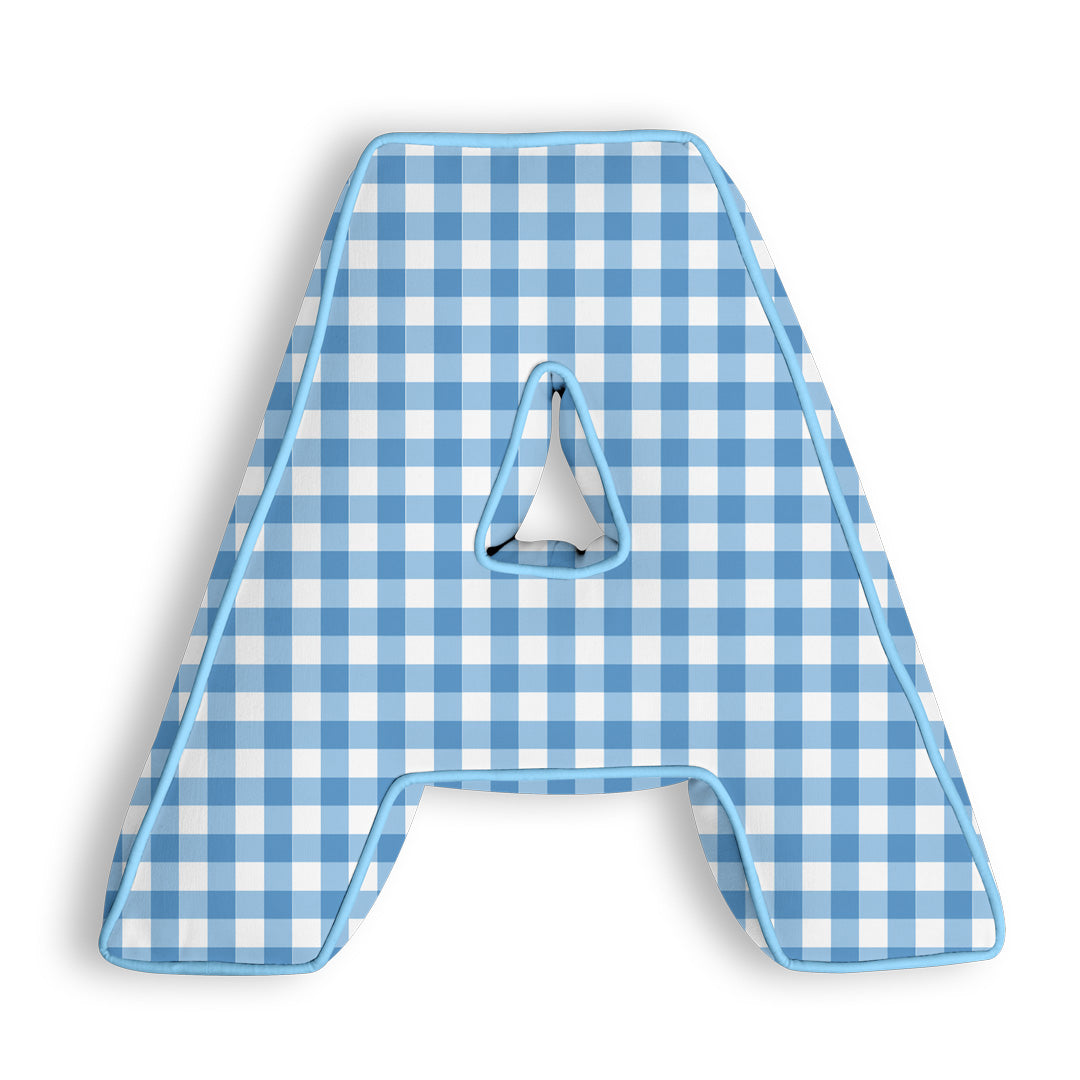 Personalised Letter Cushion 'A' in Blue Gingham