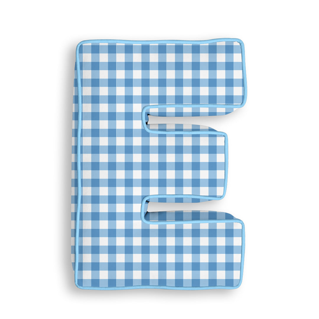 Personalised Letter Cushion 'E' in Blue Gingham