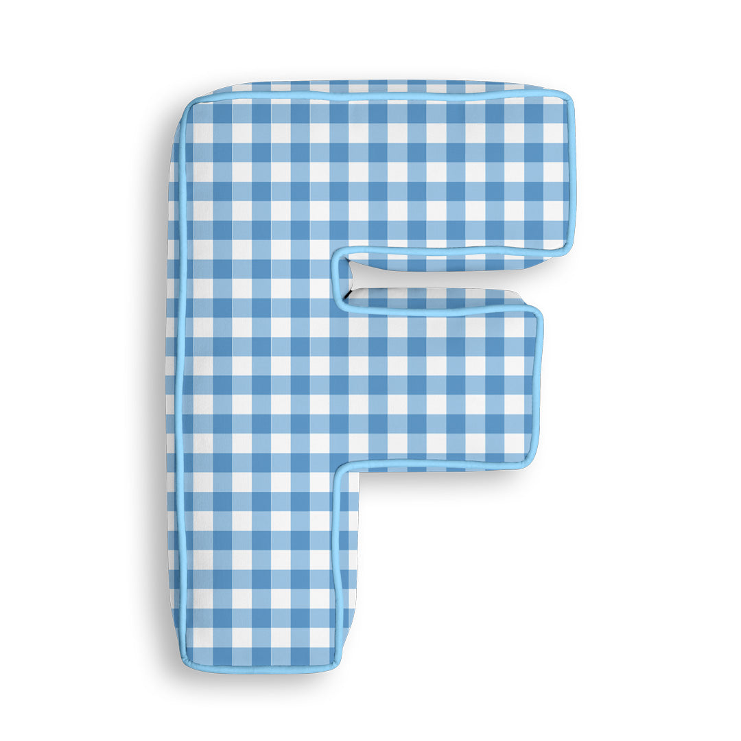 Personalised Letter Cushion 'F' in Blue Gingham