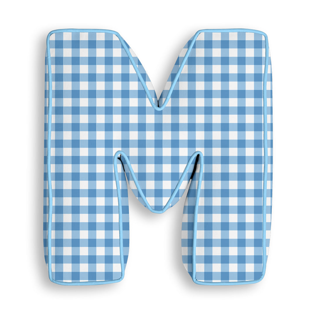 Personalised Letter Cushion 'M' in Blue Gingham