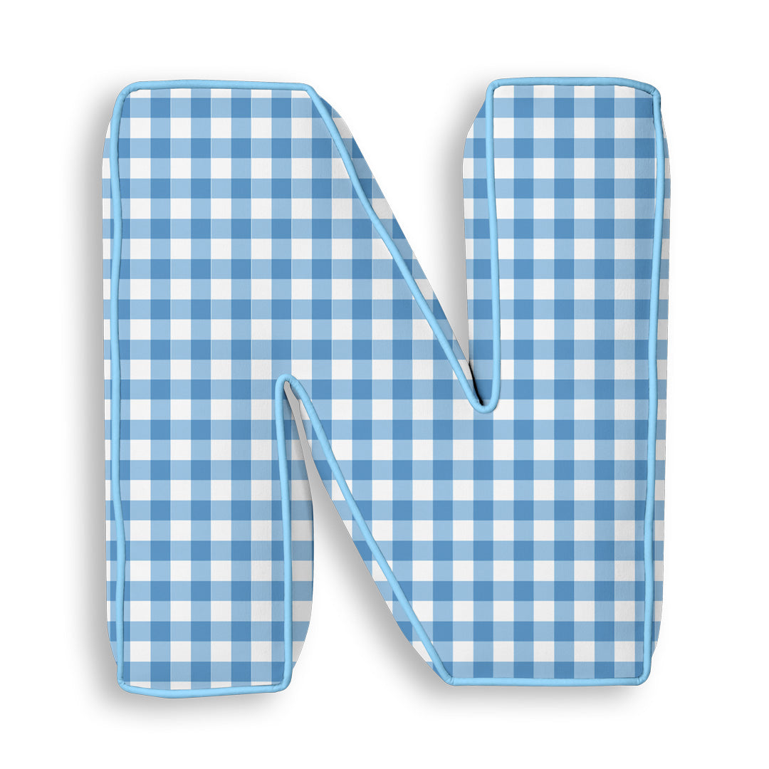Personalised Letter Cushion 'N' in Blue Gingham