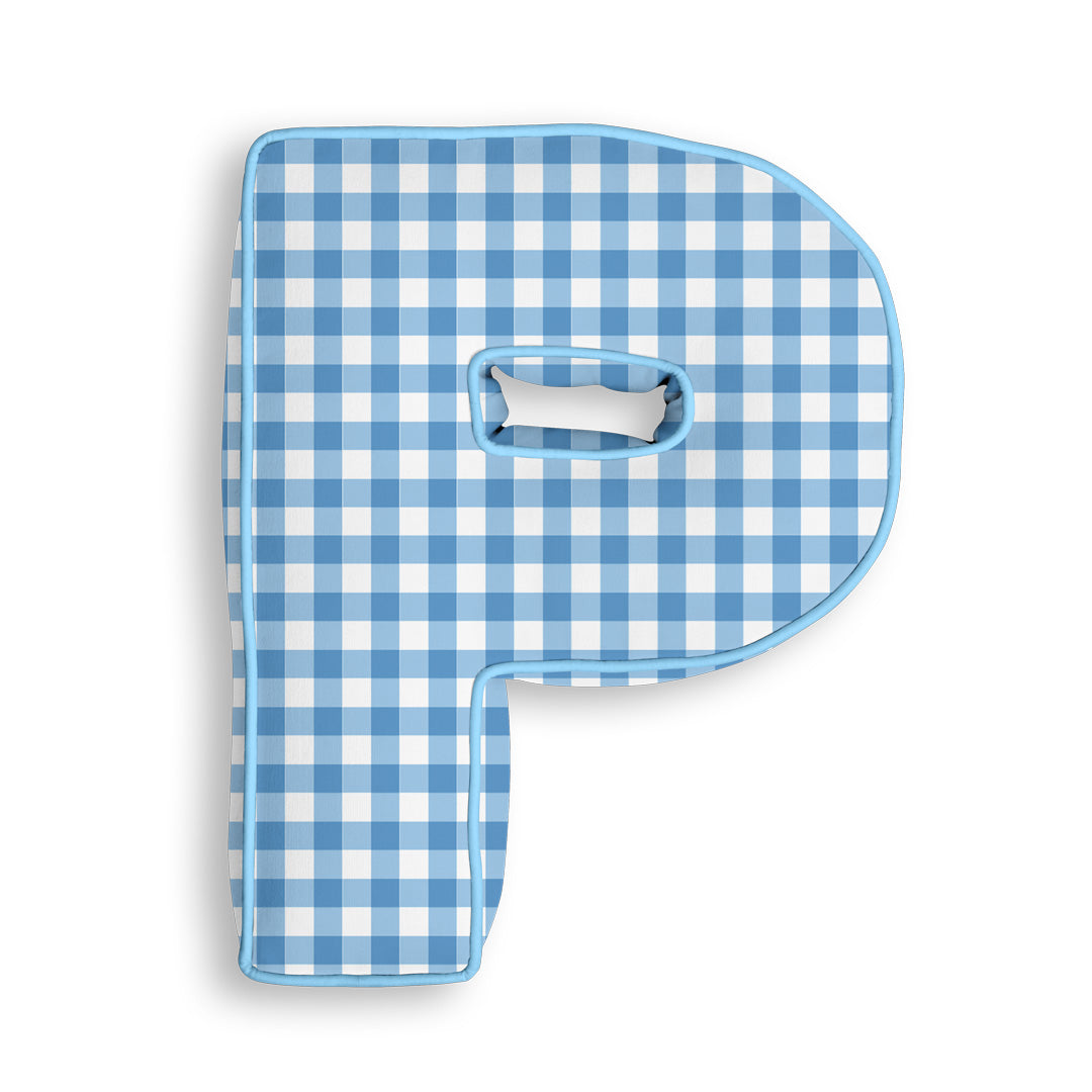 Personalised Letter Cushion 'P' in Blue Gingham