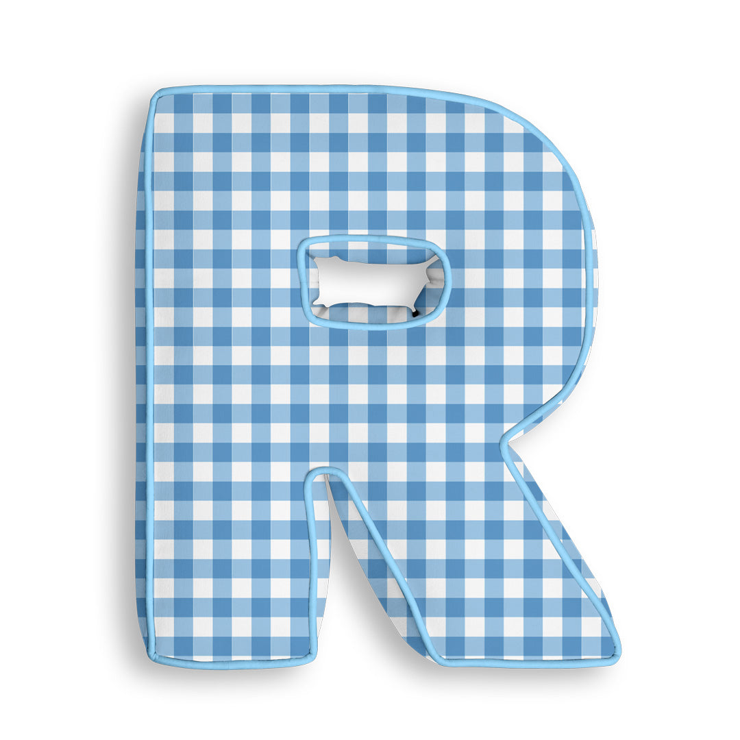 Personalised Letter Cushion 'R' in Blue Gingham