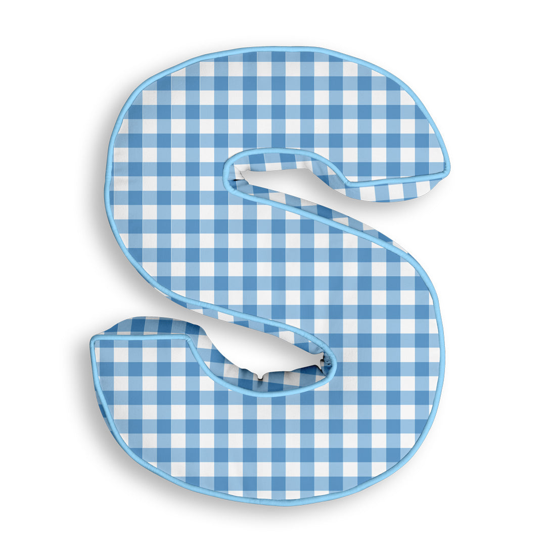 Personalised Letter Cushion 'S' in Blue Gingham