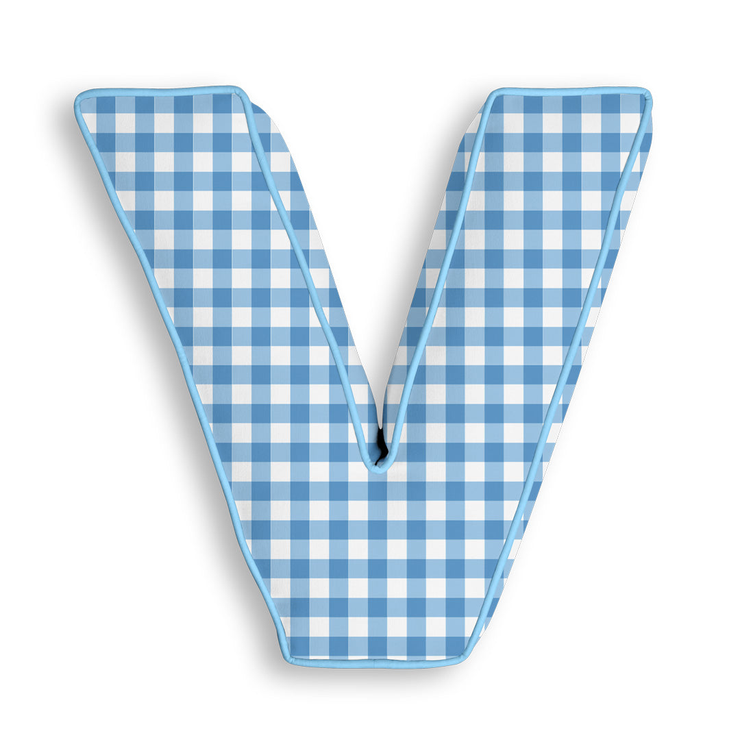 Personalised Letter Cushion 'V' in Blue Gingham