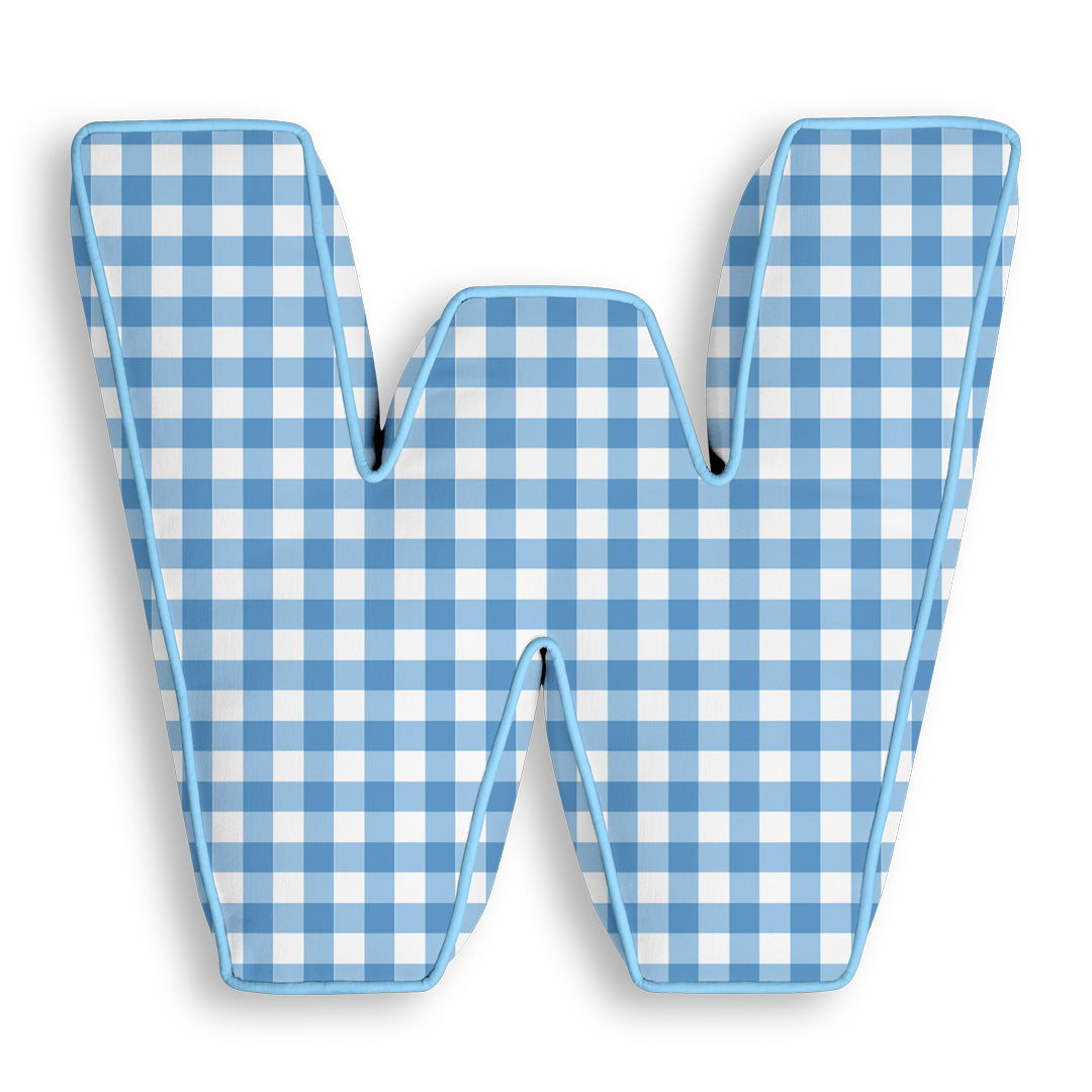 Personalised Letter Cushion 'W' in Blue Gingham