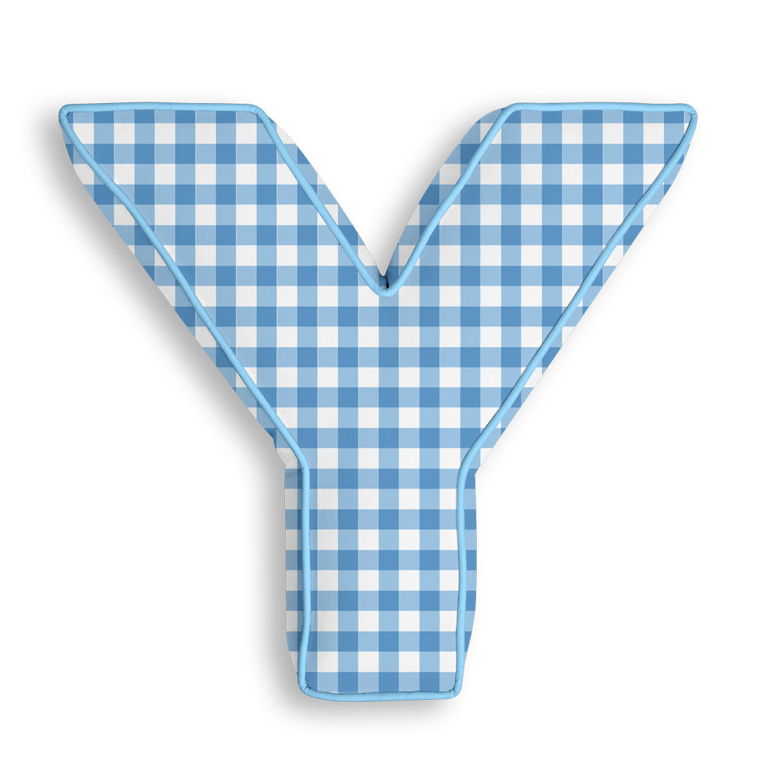 Personalised Letter Cushion 'Y' in Blue Gingham
