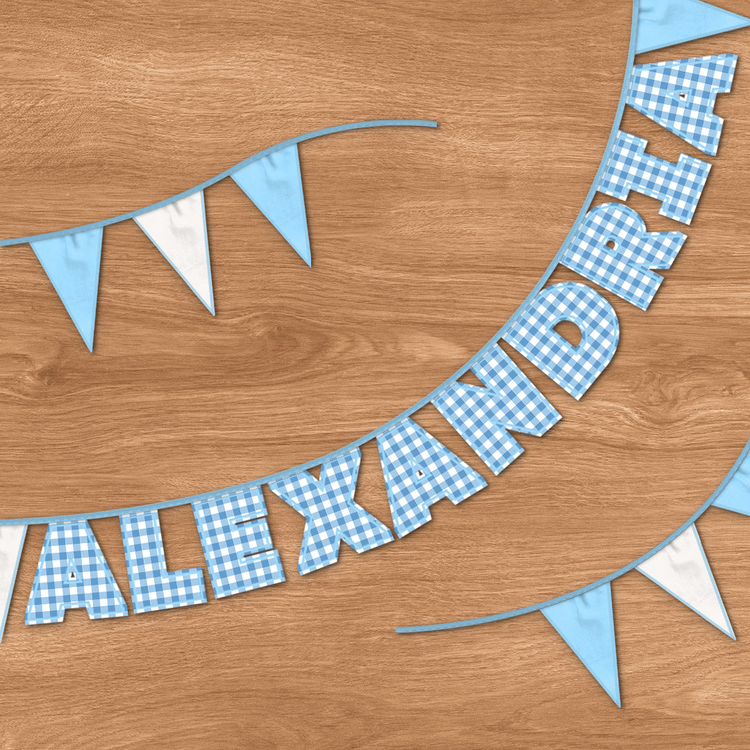 Personalised 10 Letter Name Bunting in Blue Gingham