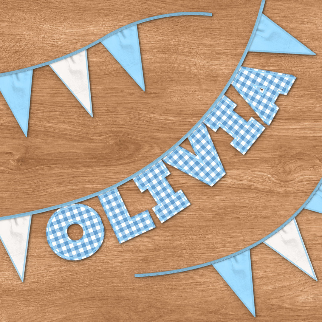 Personalised 6 Letter Name Bunting in Blue Gingham