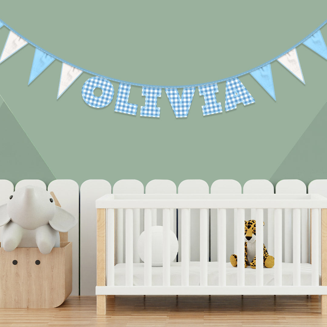 Personalised 6 Letter Name Bunting in Blue Gingham