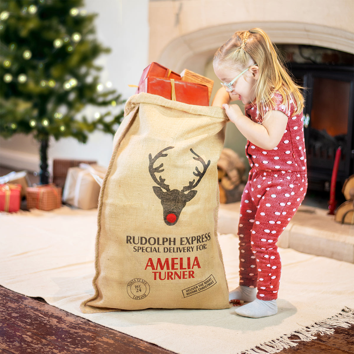 Personalised Christmas Sack with Red Felt Nose