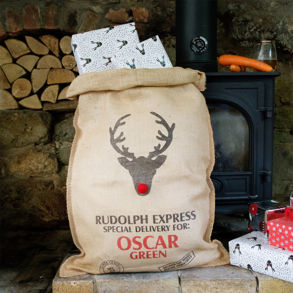 Personalised Christmas Sack with Red Felt Nose