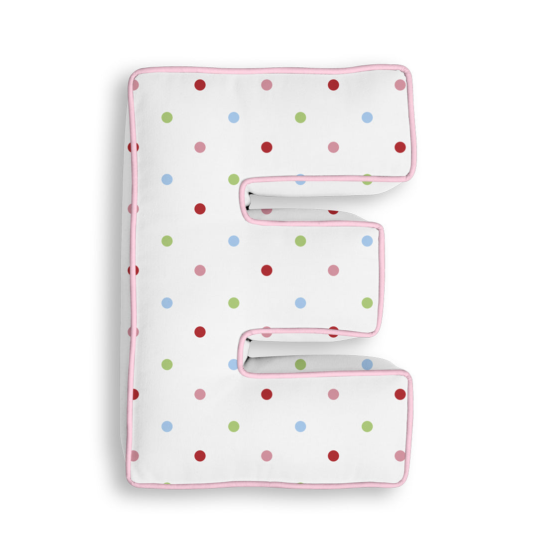 Personalised Letter Cushion 'E' in Colourful Polka Dot