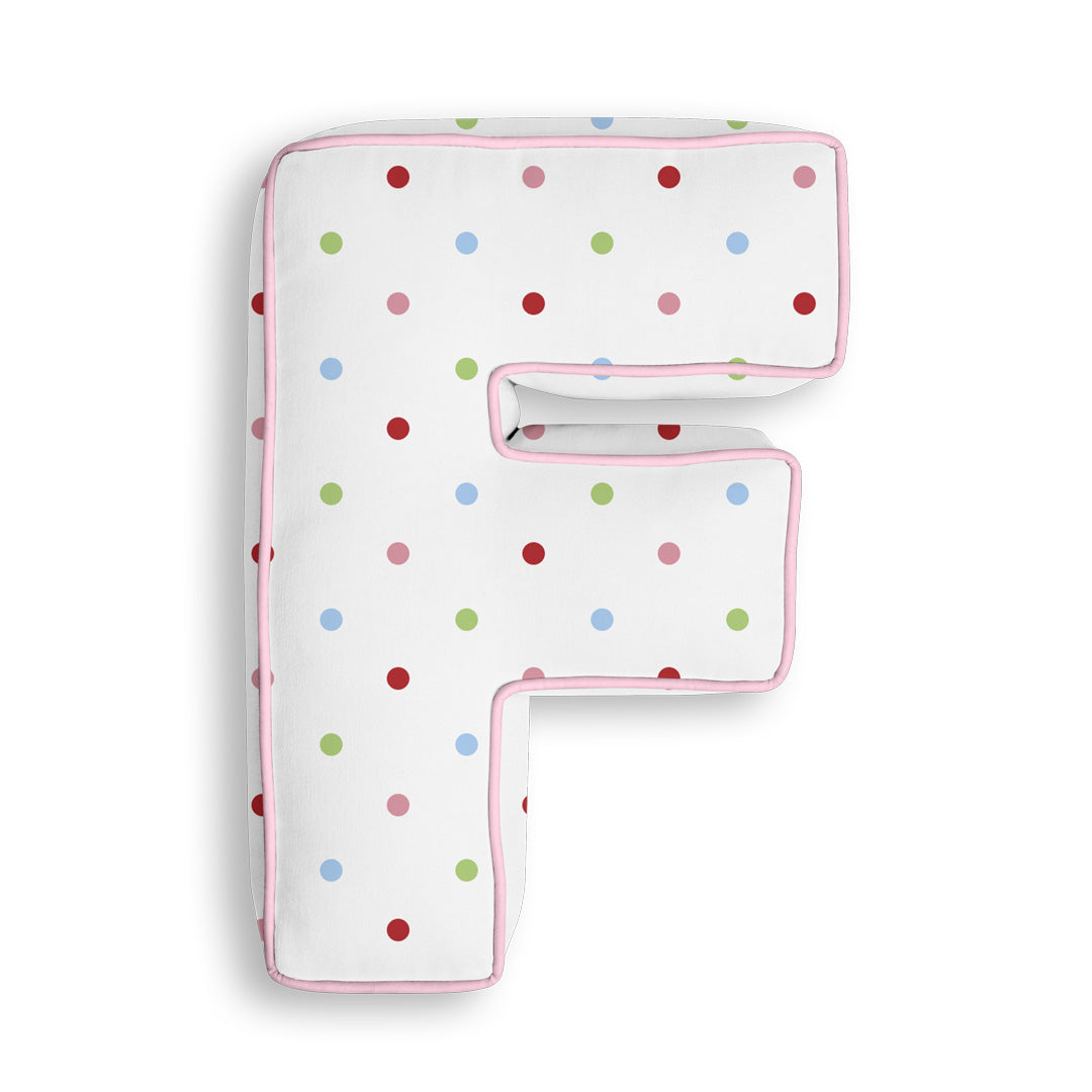 Personalised Letter Cushion 'F' in Colourful Polka Dot