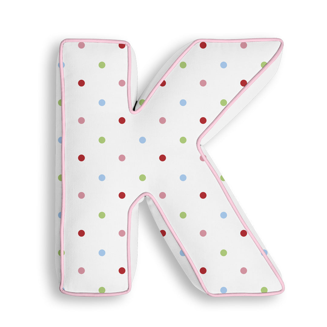 Personalised Letter Cushion 'K' in Colourful Polka Dot