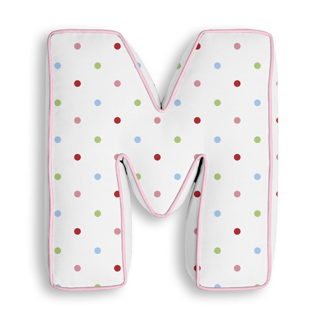 Personalised Letter Cushion 'M' in Colourful Polka Dot