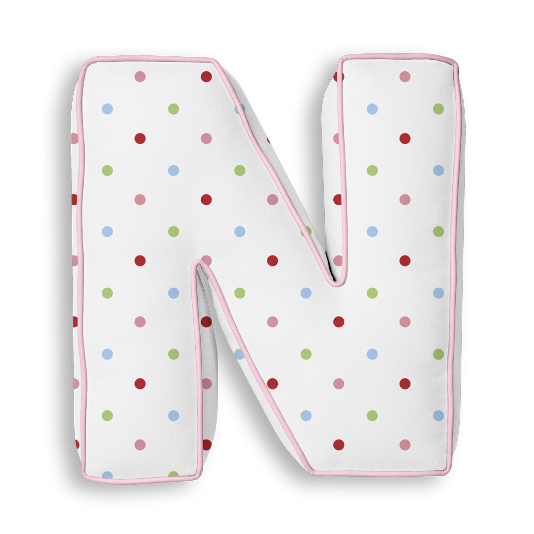 Personalised Letter Cushion 'N' in Colourful Polka Dot