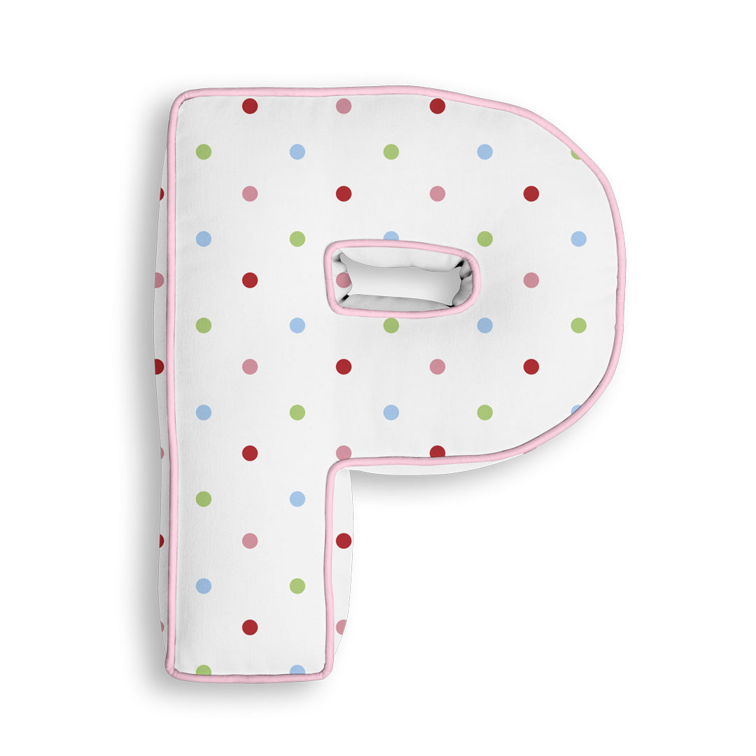 Personalised Letter Cushion 'P' in Colourful Polka Dot