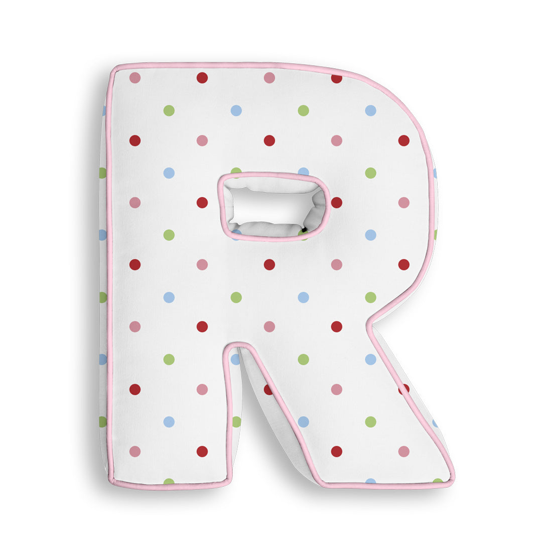 Personalised Letter Cushion 'R' in Colourful Polka Dot
