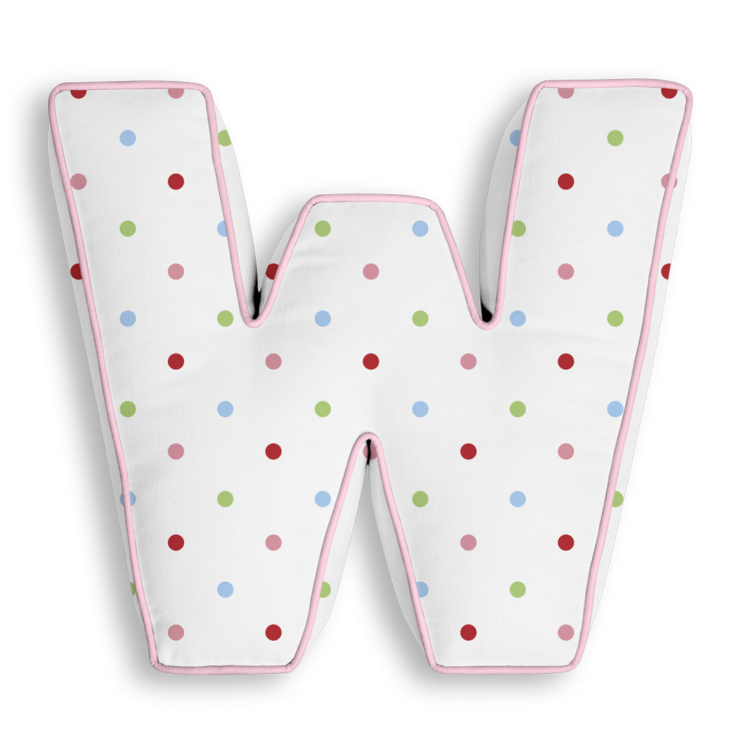 Personalised Letter Cushion 'W' in Colourful Polka Dot