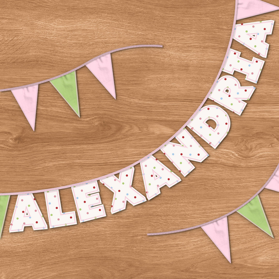 Personalised 10 Letter Name Bunting in Colourful Polka Dot