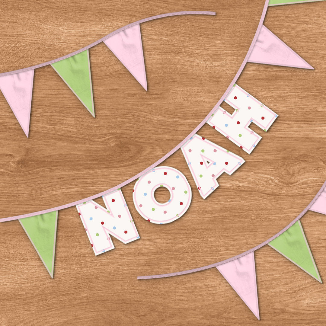 Personalised 4 Letter Name Bunting in Colourful Polka Dot