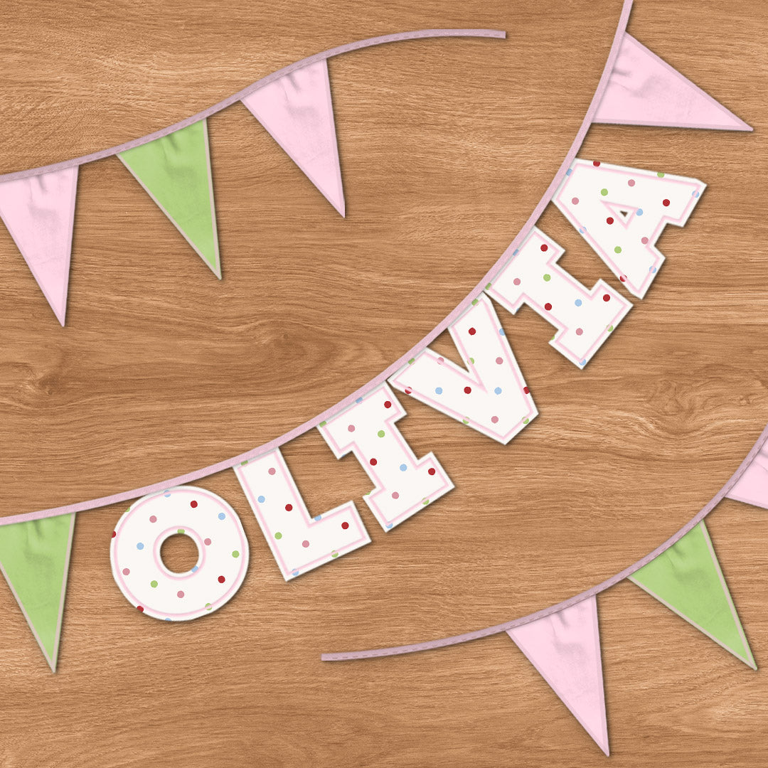 Personalised 6 Letter Name Bunting in Colourful Polka Dot