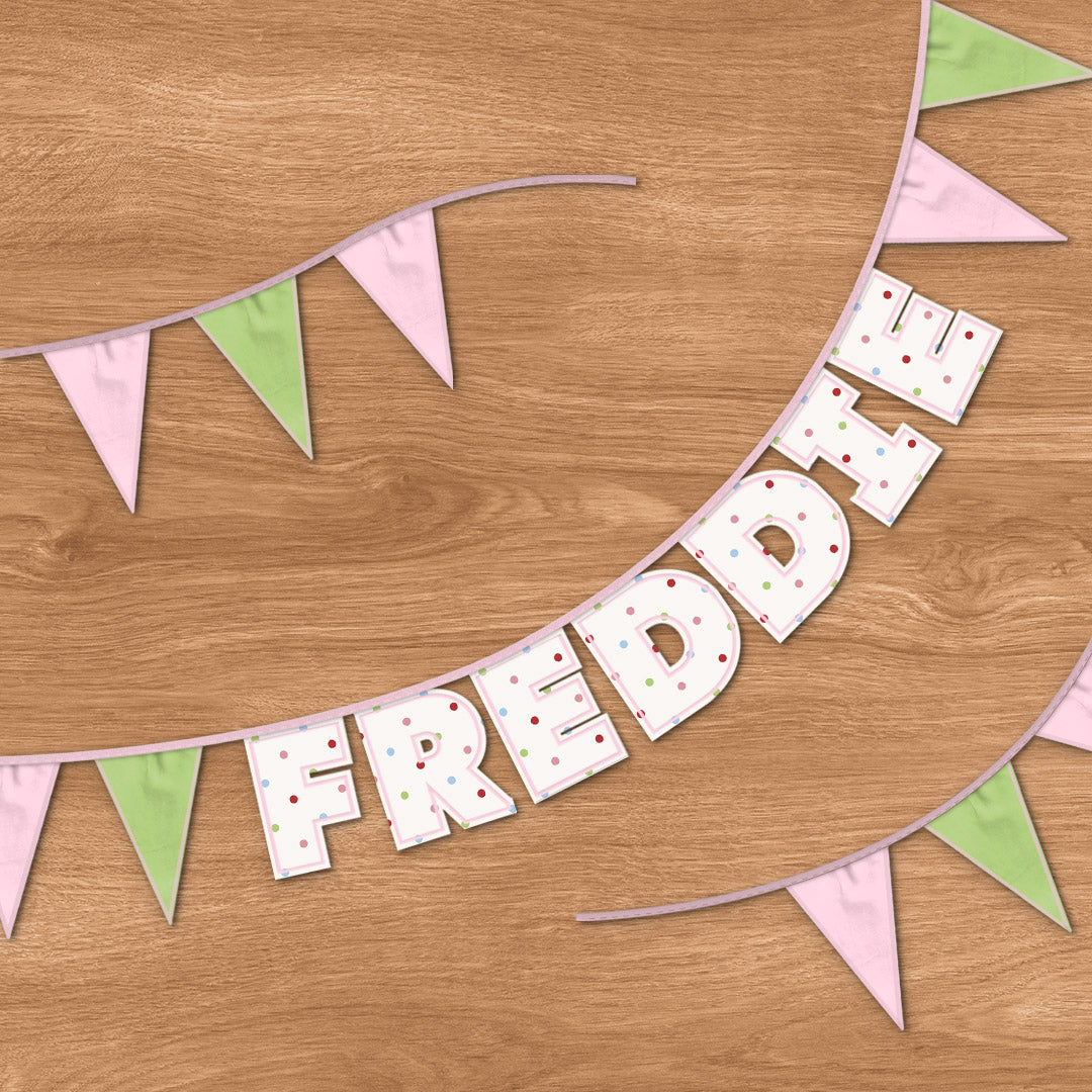 Personalised 7 Letter Name Bunting in Colourful Polka Dot