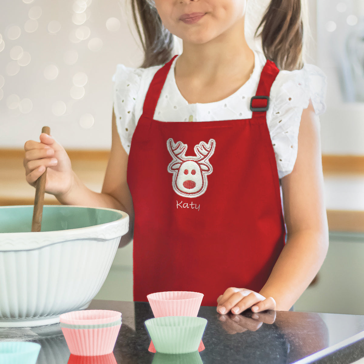 Personalised Embroidered Christmas Reindeer Child Apron 7-10 Years in Red