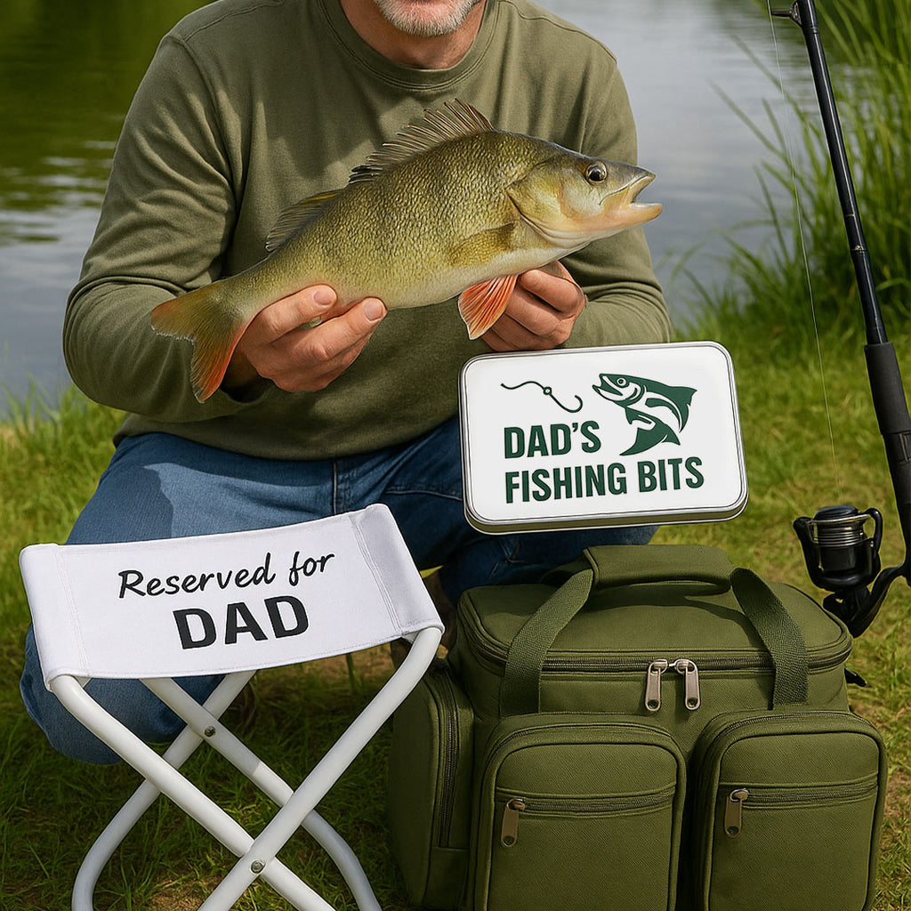Personalised Fishing Gift Set Bag Bait Tin & Stool