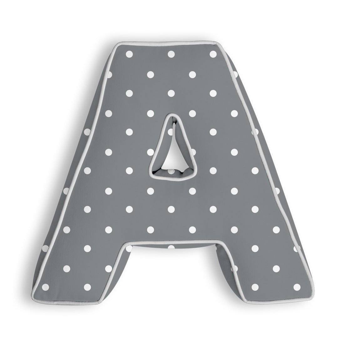 Personalised Letter Cushion 'A' in Grey Polka Dot