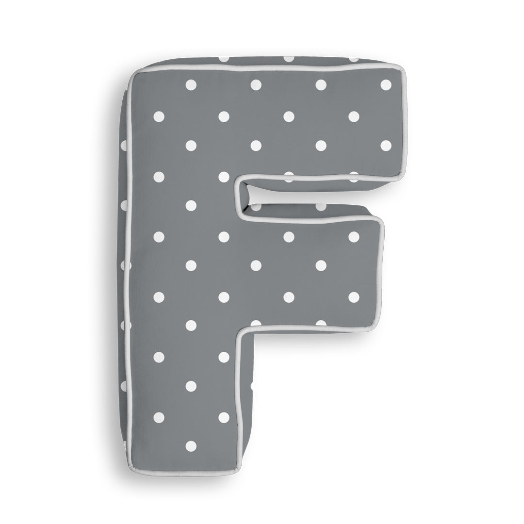Personalised Letter Cushion 'F' in Grey Polka Dot