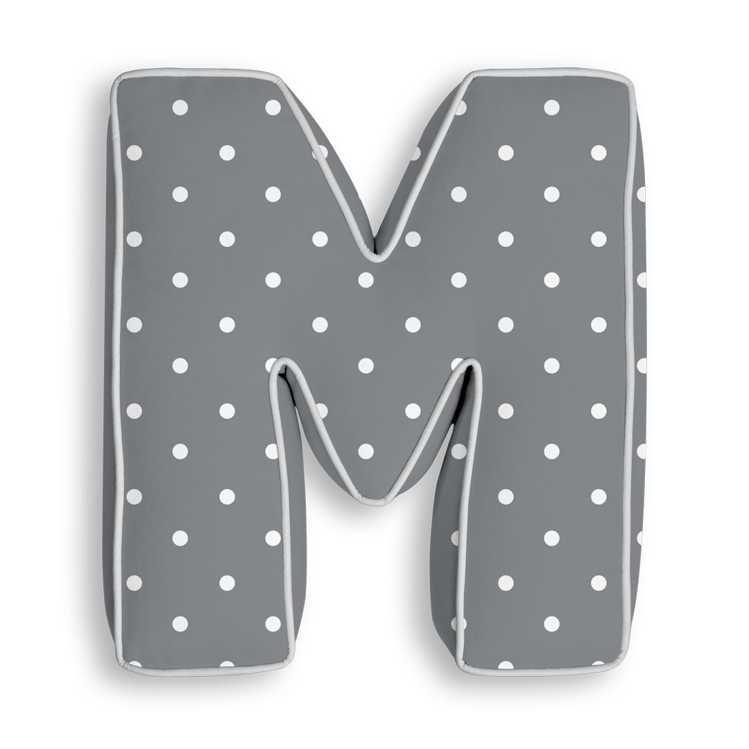 Personalised Letter Cushion 'M' in Grey Polka Dot