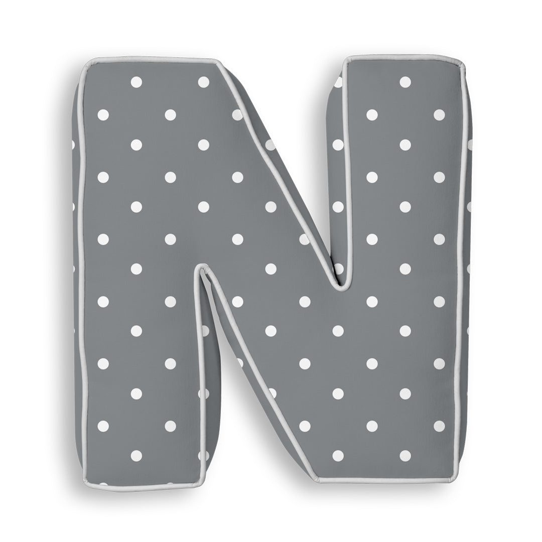 Personalised Letter Cushion 'N' in Grey Polka Dot