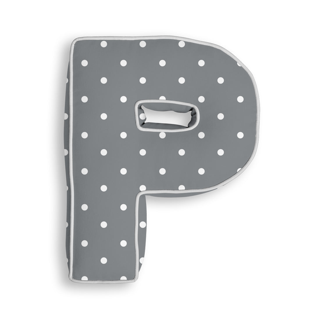Personalised Letter Cushion 'P' in Grey Polka Dot