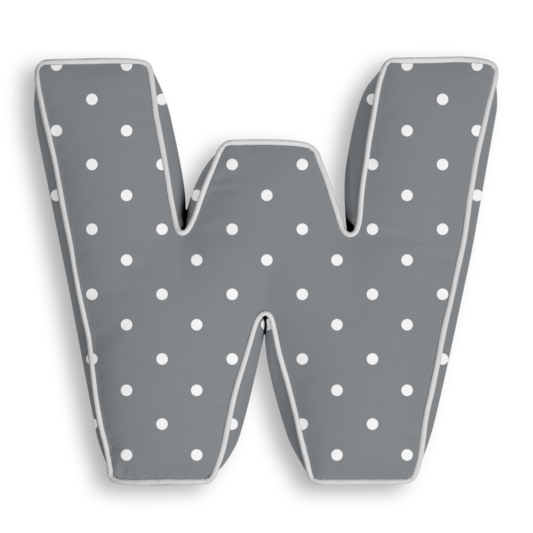 Personalised Letter Cushion 'W' in Grey Polka Dot