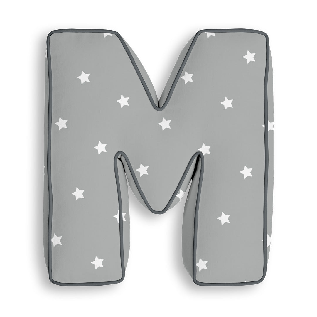 Personalised Letter Cushion 'M' in Grey Stars
