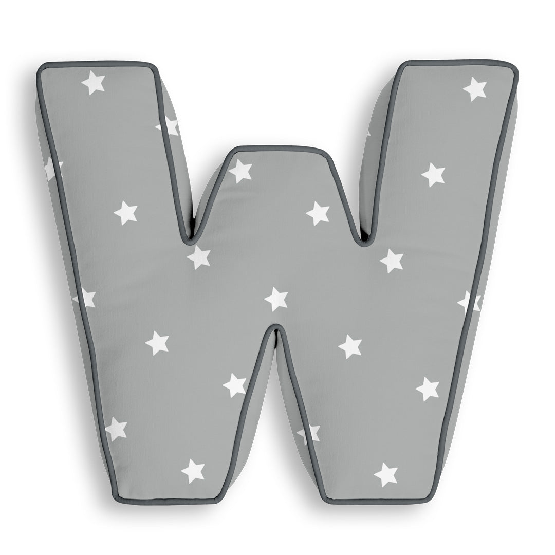 Personalised Letter Cushion 'W' in Grey Stars
