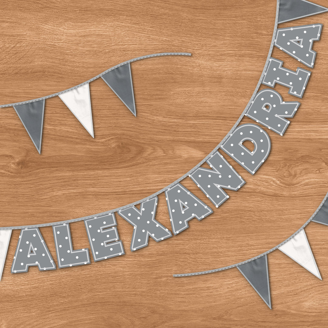 Personalised 10 Letter Name Bunting in Grey Polka Dot