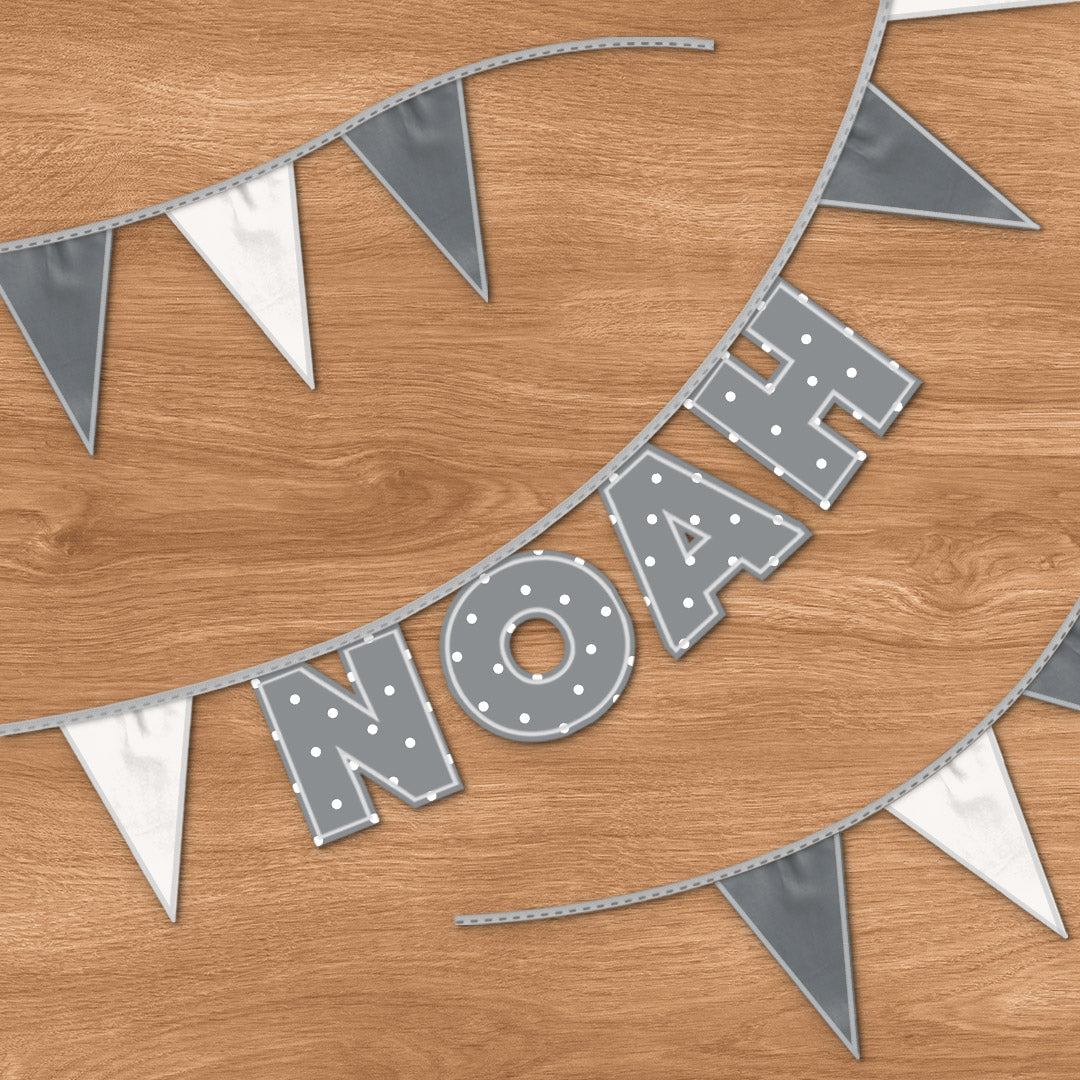 Personalised 4 Letter Name Bunting in Grey Polka Dot