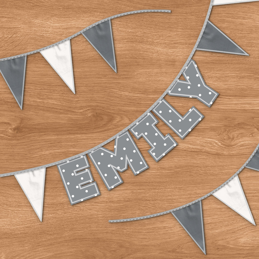 Personalised 5 Letter Name Bunting in Grey Polka Dot