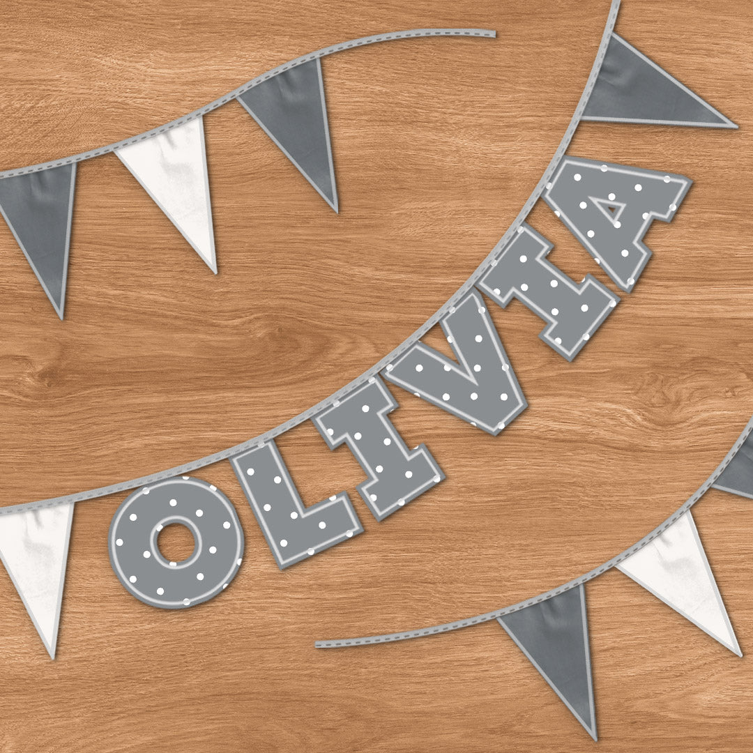 Personalised 6 Letter Name Bunting in Grey Polka Dot