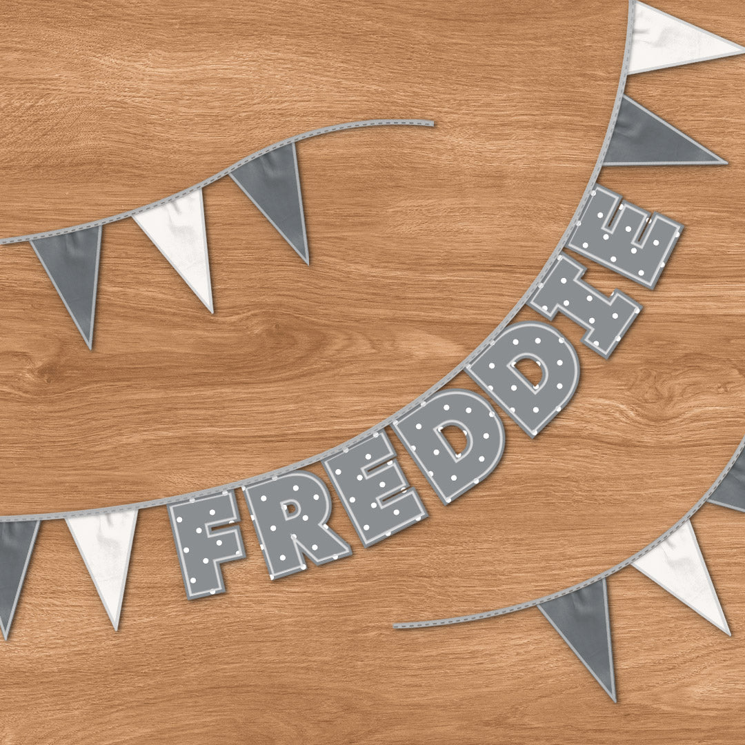 Personalised 7 Letter Name Bunting in Grey Polka Dot